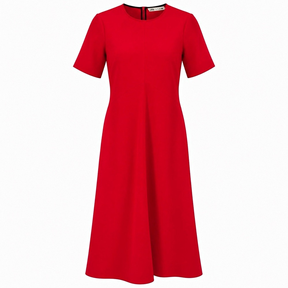 Zara Women's L Red Fit & Flare Midi Dress Short Sleeve Round Neck Polyester